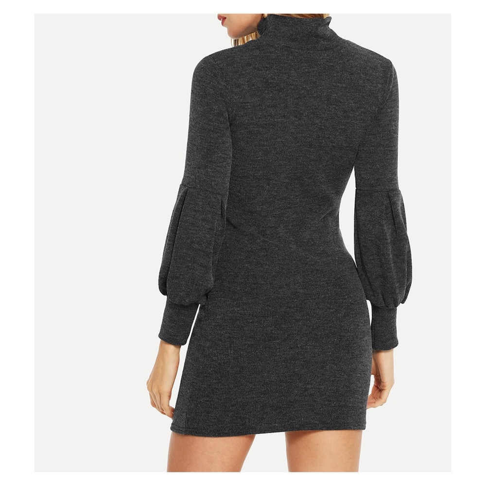 Grey High Neck Bishop Sleeve Bodycon Knit Dress - Picture 2 of 5